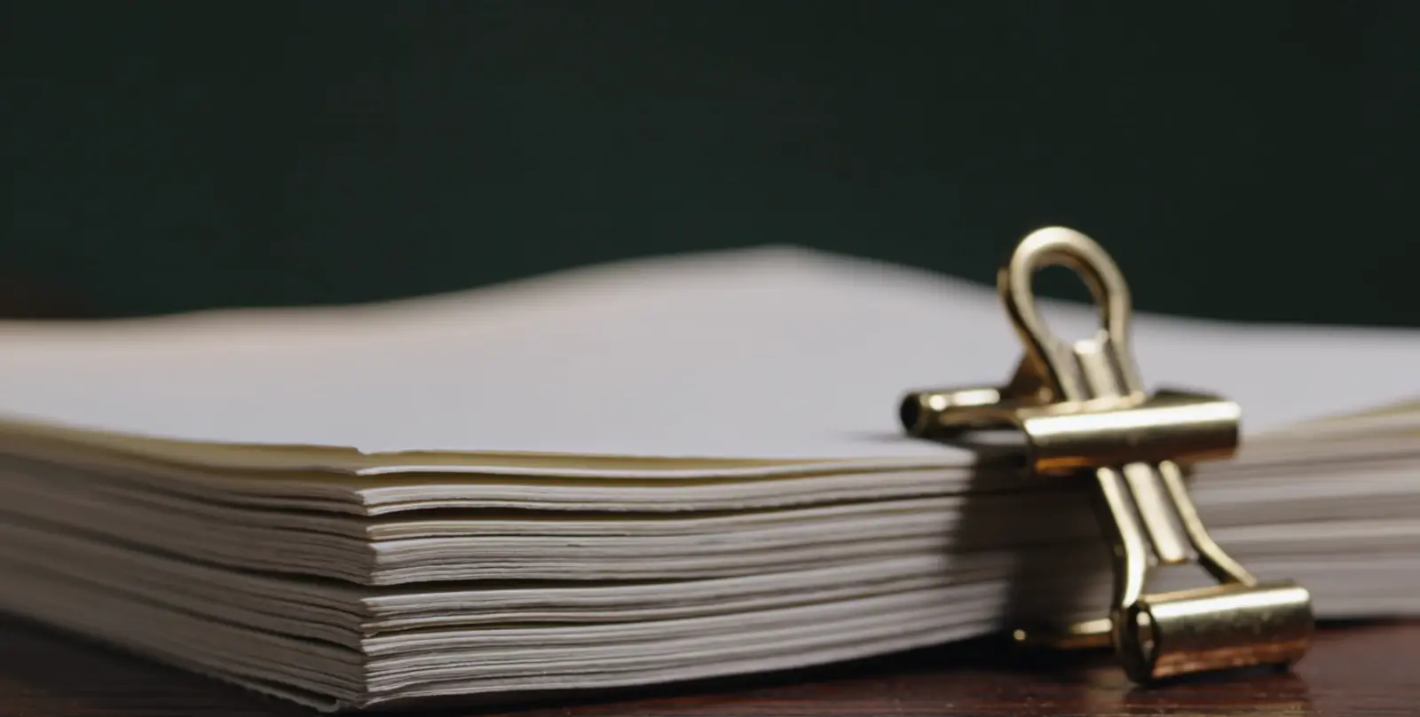 A thick stack of printed account records held together by a brass clip, lit from one side against a dark green ground
