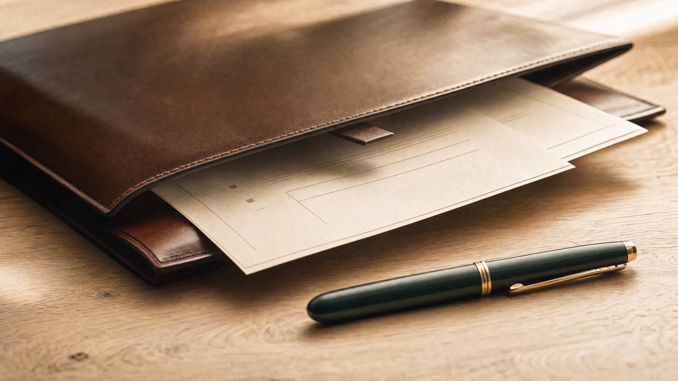 A finished set of documents sliding out of a brown leather portfolio on an oak desk, a green and gold pen alongside