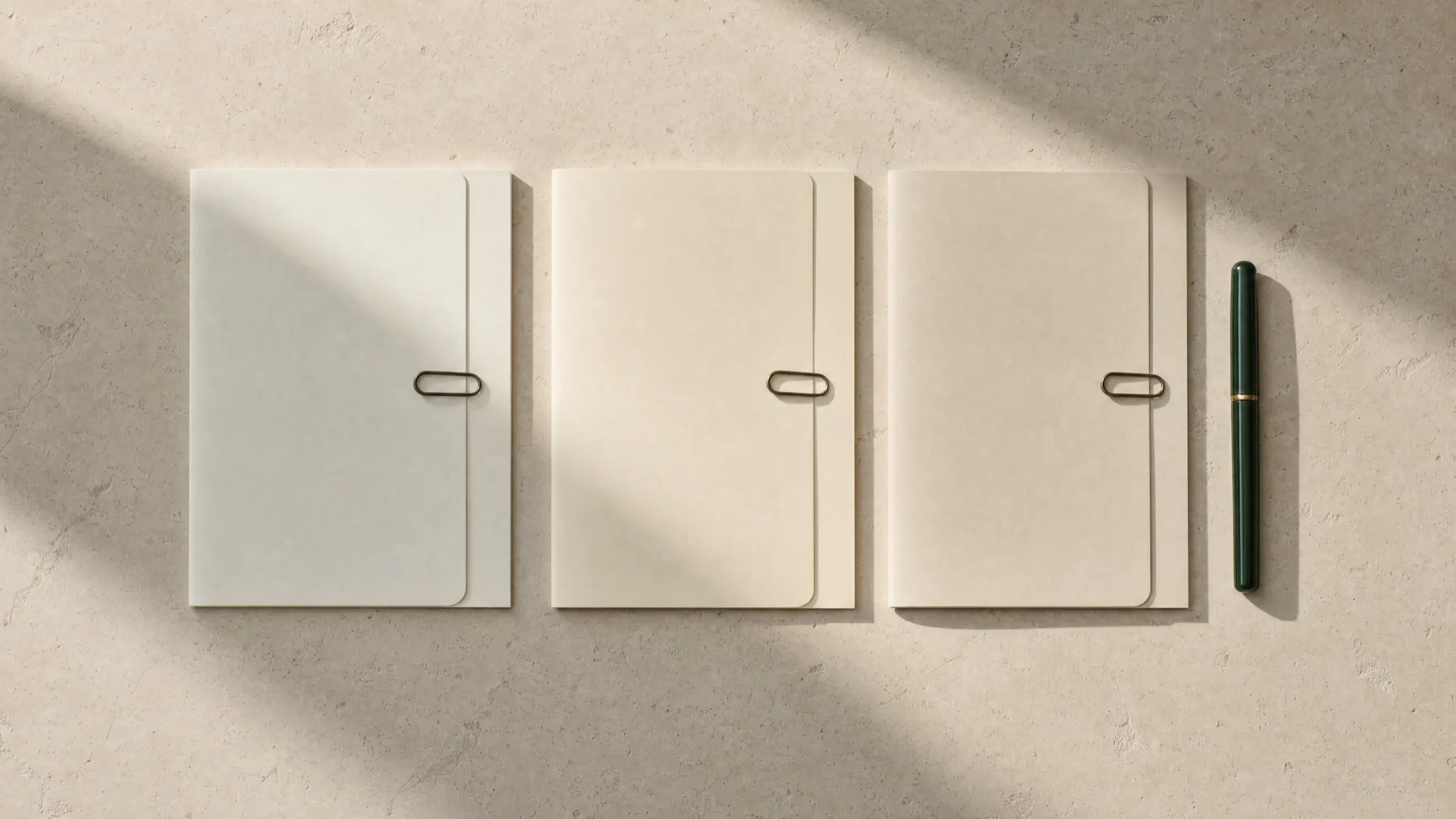 Three closed document folios laid side by side on a pale stone surface in raking daylight, a dark green pen beside them