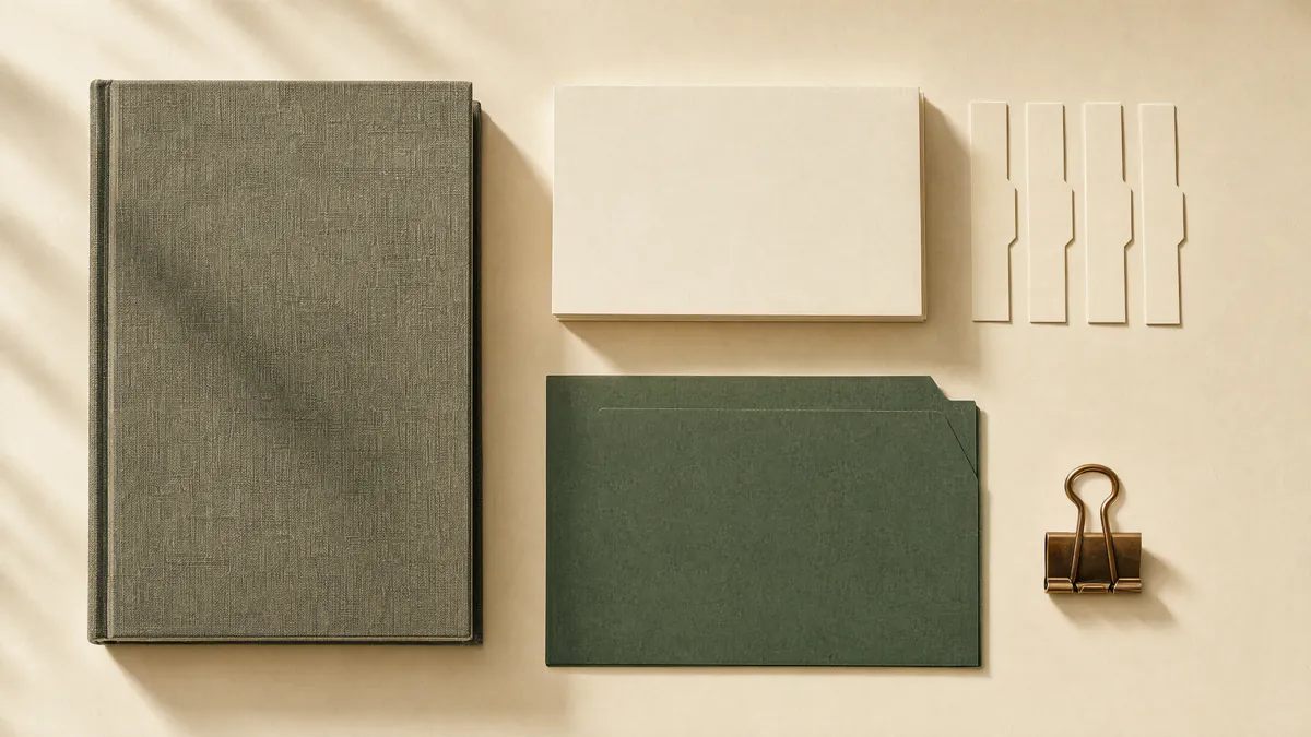 A working archive laid out on a desk: a cloth-bound ledger, a stack of cream note cards, a forest-green document folder and a brass clip