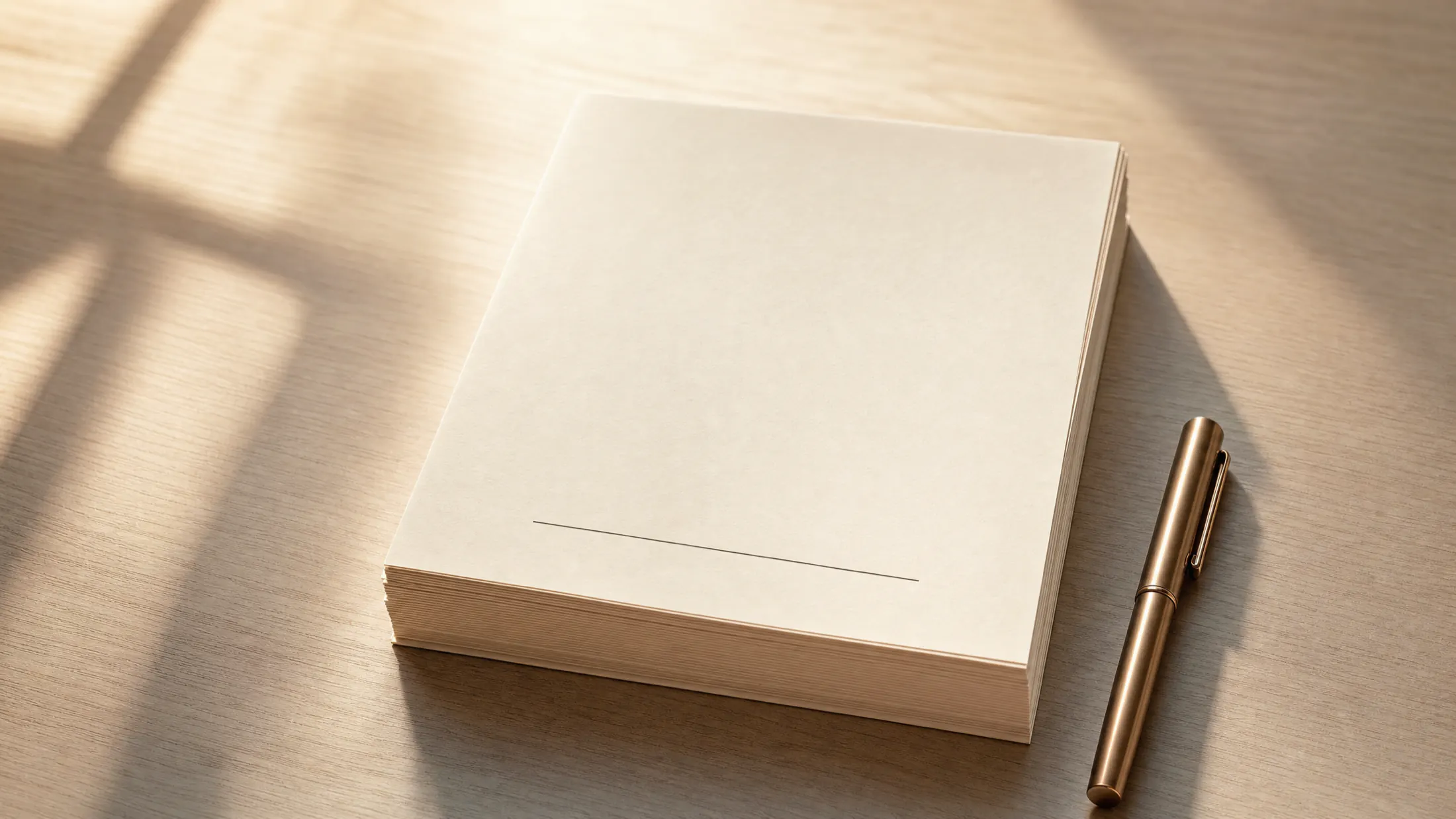 A squared stack of unsigned agreements on a pale oak desk in morning light, an empty signature rule on the top page and a bronze pen resting alongside