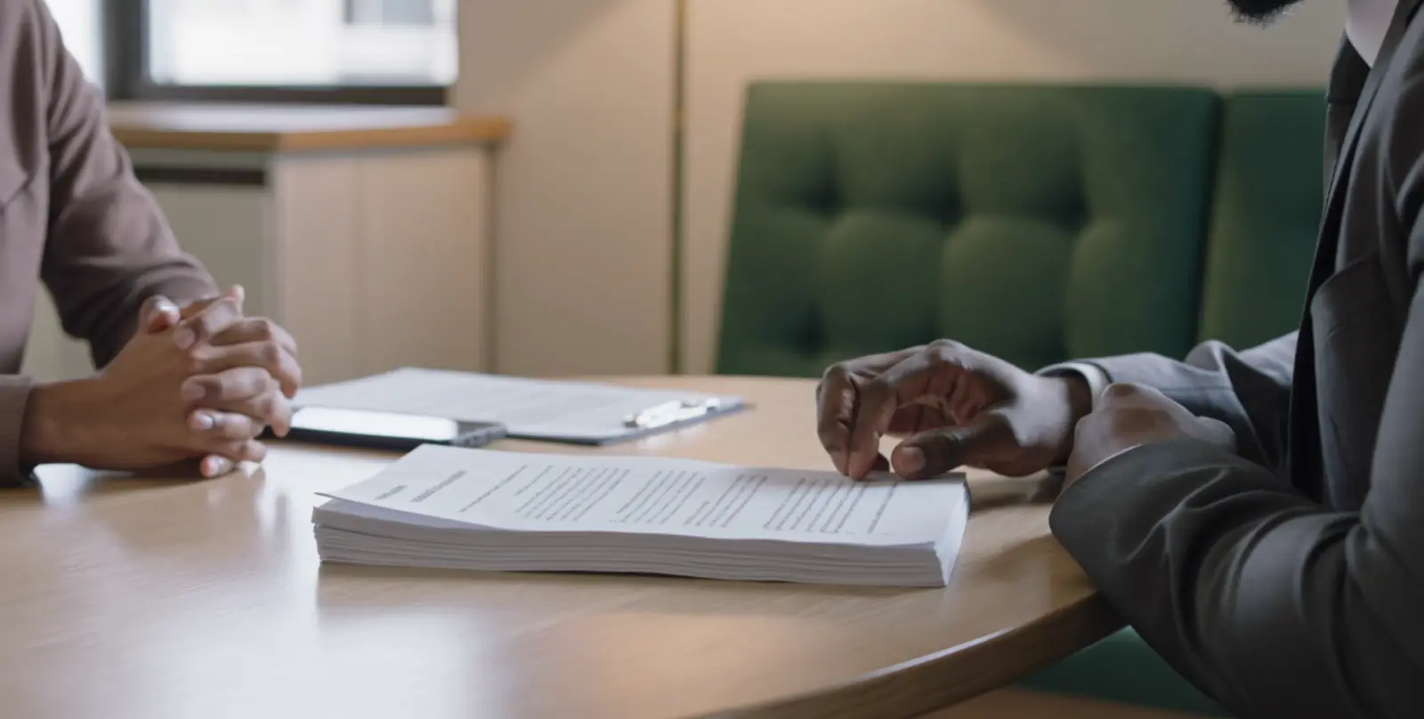Two people seated across a light oak table, one turning through a printed agreement between them