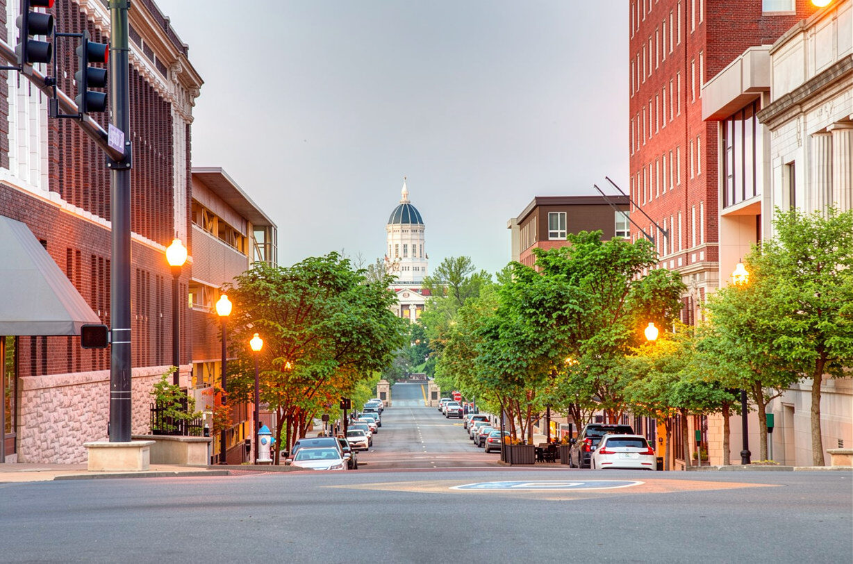 A downtown Columbia street leading to the University of Missouri&rsquo;s Jesse Hall dome